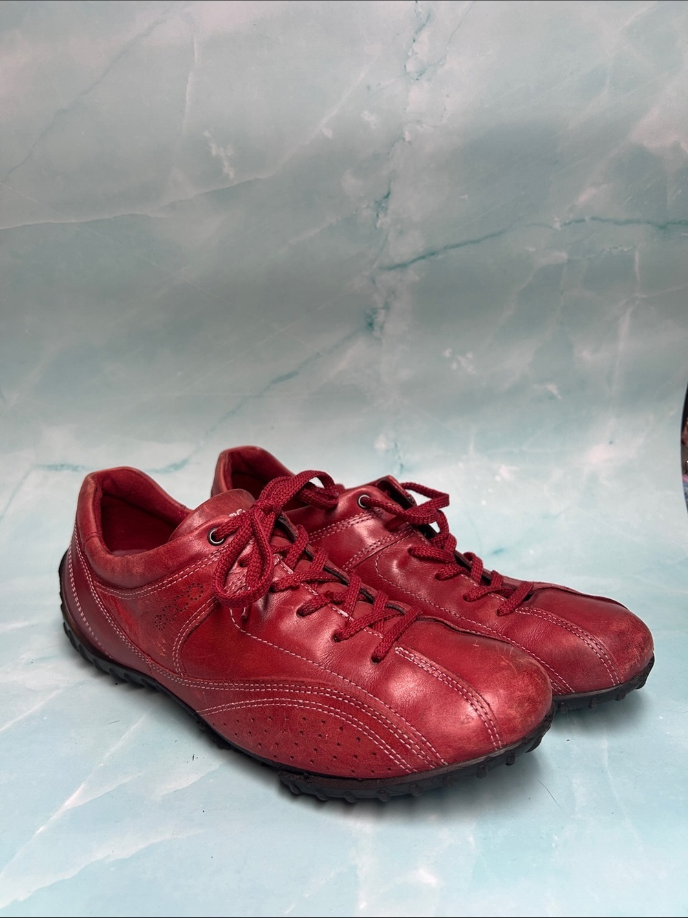 Ecco womens Red Leather Lace-Up Sneakers